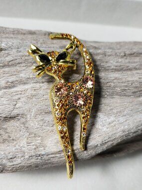 New Stylized Cat Brooch Amber Rhinestones Black Eyes Gold Tone Metal Kitten